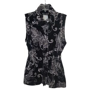 Jane Ashley Black Paisley Print Velvet Vest Womens Med Collar Drawstring Waist